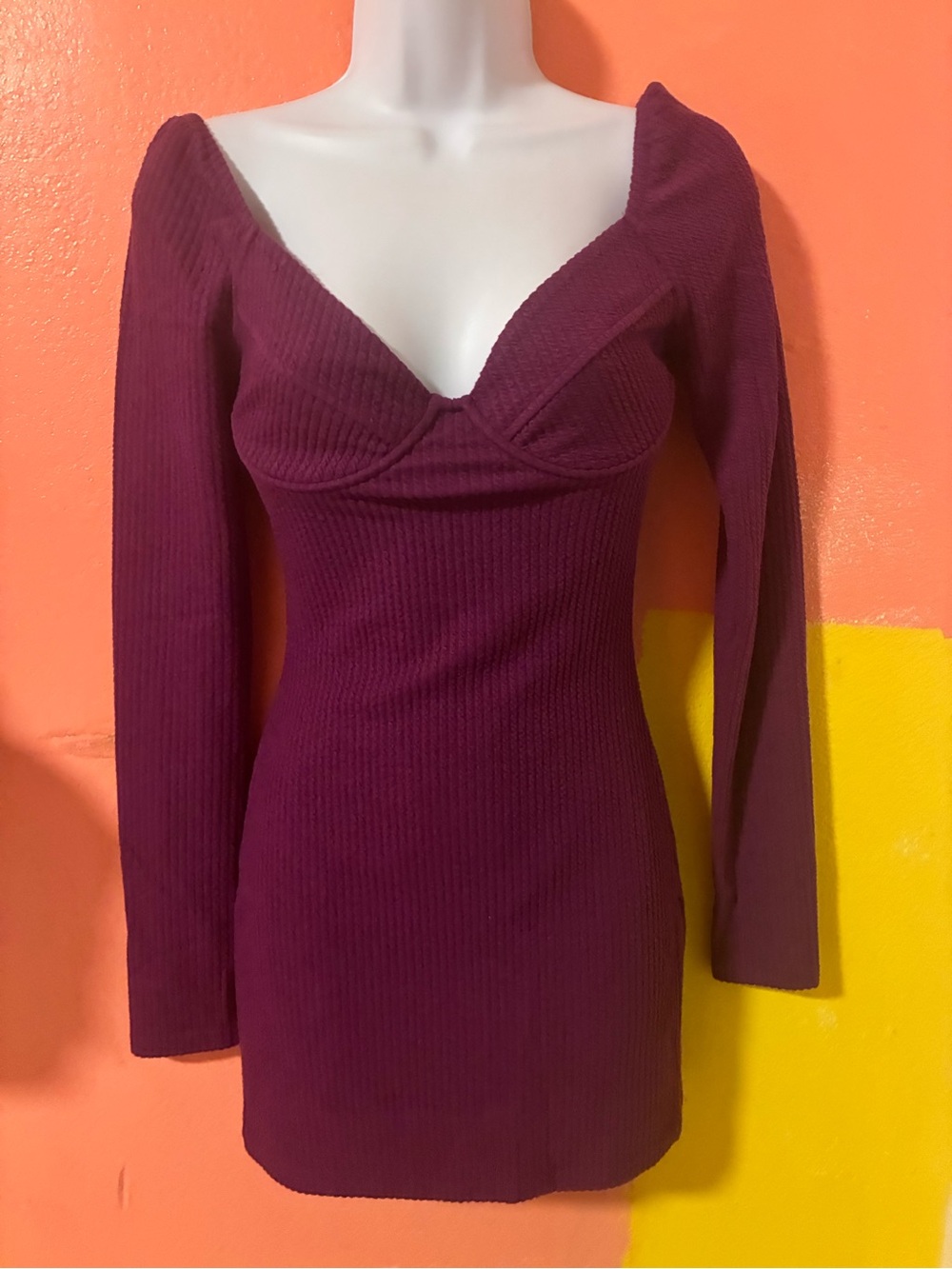 Plum Long Sleeve Ribbed Bodycon Dress